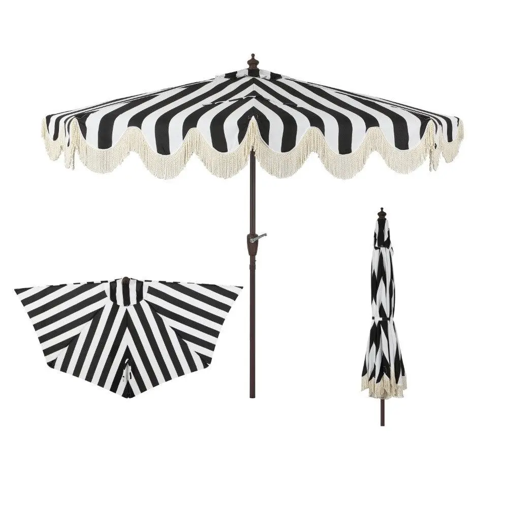 JONATHAN Y Beverly 9 ft. Traditional Designer Classic Scalloped Edge Half Market Outdoor Sun Parasol - Aluminum Frame, Crank-Operated, Push Button Tilt, UV Protection, Vented Windproof Umbrellas for Patio, Black and White