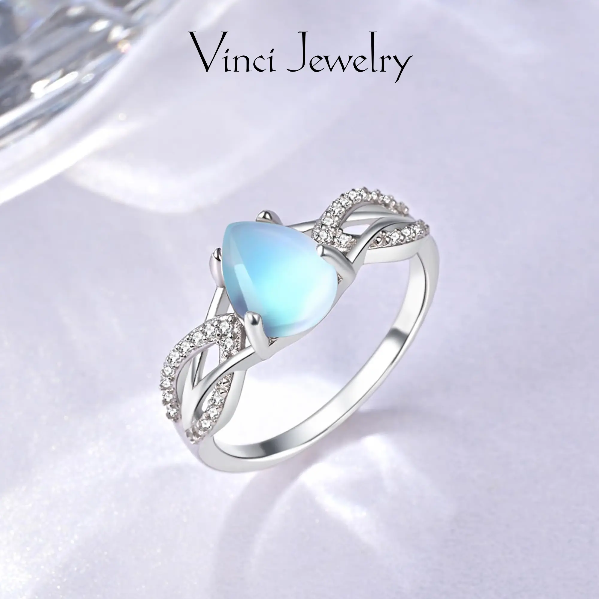 925 Sterling Silver Water-drop Synthetic Moonstone Ring for Women, New Begining Moon Ring, Cubic Zirconia Accent, Elegant Jewelry Accessory Gift with Box New Beginning Ring