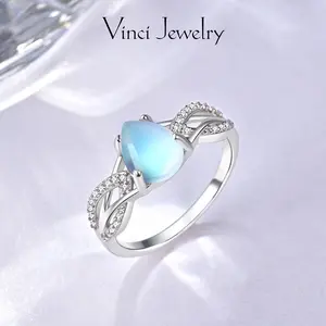 925 Sterling Silver Water-drop Synthetic Moonstone Ring for Women, New Begining Moon Ring, Cubic Zirconia Accent, Elegant Jewelry Accessory Gift with Box