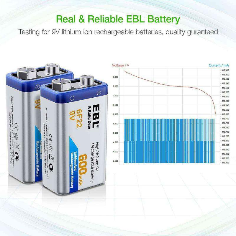 EBL 2/4Pcs 9V Li-ion Rechargeable Batteries with 6F22 9V Battery Charger