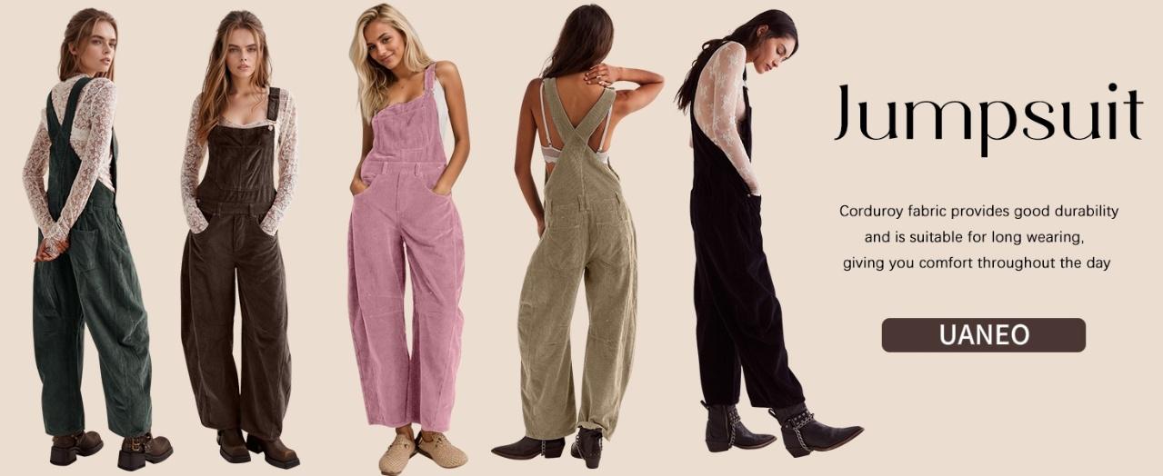 UANEO Corduroy Overalls for Women Barrel Wide Leg Bib Corduroy Pants Women Adjustable Romper Jumpsuit with Pockets