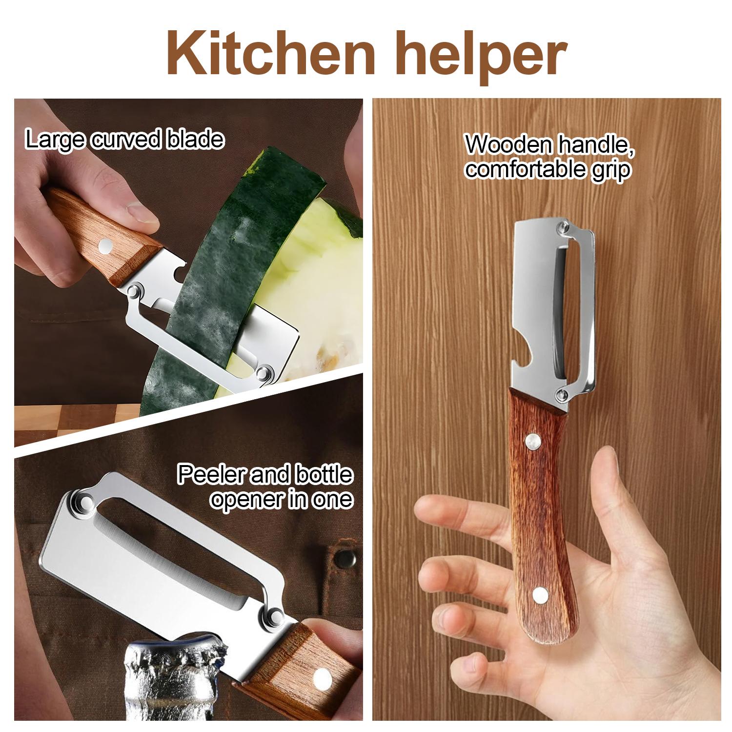 Multi-Functional Stainless Steel Peeler with Bottle Opener Peeling knife with Wooden Handle Kitchen Tool for Fruit Potato Pumpkin Papaya Sugarcane