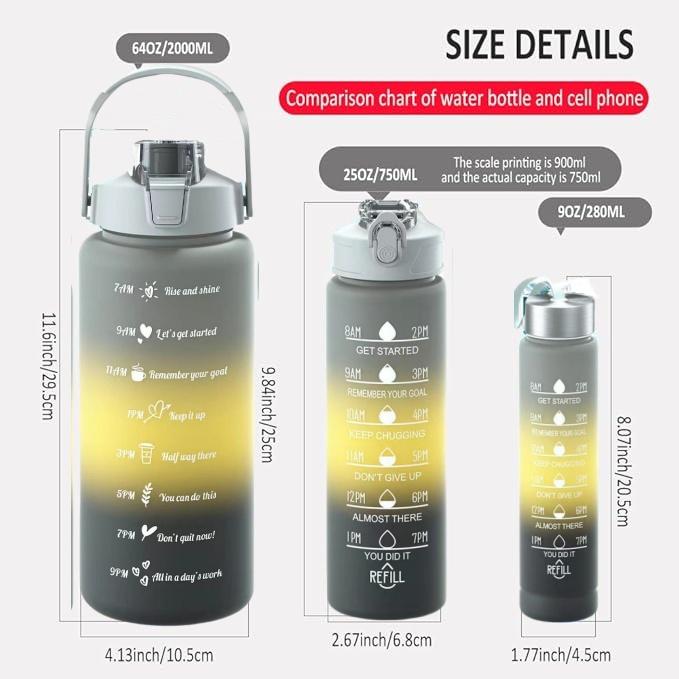 3-Piece Motivational Water Bottles with Time Mark & Leakproof Lids, Gradient Design with Straws, Reusable Hydration Set for Sports, Fitness & Daily Use – Perfect Holiday Gift, Ideal Gifting Choice