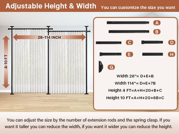 VANCASTLE Adjustable Room Divider Curtain Rod - No Drill Bedroom Separator Tension Curtain Frame, Free-Standing Space Divider for Room Separation - Height 4-10 Feet (1.2-3m), Width 28-114 Inches (71-290cm)