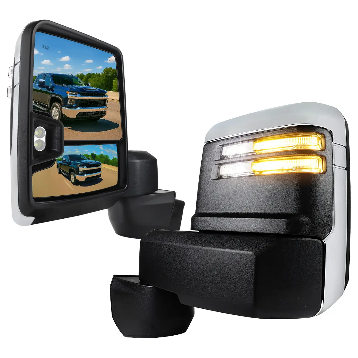 2020-2024 Silverado/GMC Sierra 2500HD/3500HD Power Adjustable, Heated, & Manual Extendable Chrome Towing Mirrors w/ Clear Lens LED Turn Signal & Clearance Lights