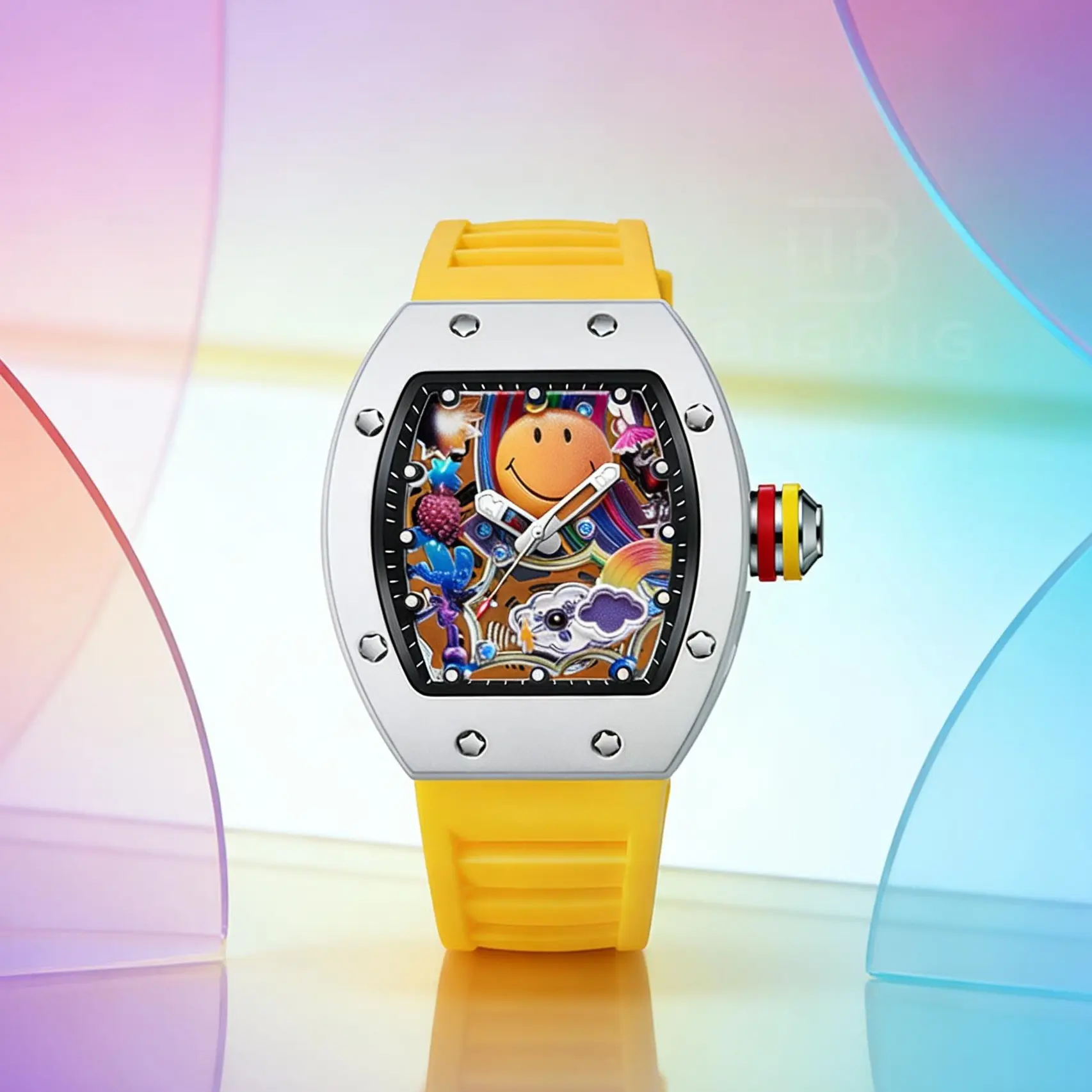 Men's Luxury Tonneau Shape Watch with Yellow Silicone Strap, Unique 3D Colorful Smiley Face & Rainbow Skeleton Dial Waterproof Analog Quartz Fashion Wristwatch Creative Streetwear Gift for Men