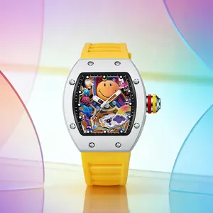 Men's Luxury Tonneau Shape Watch with Yellow Silicone Strap, Unique 3D Colorful Smiley Face & Rainbow Skeleton Dial Waterproof Analog Quartz Fashion Wristwatch Creative Streetwear Gift for Men