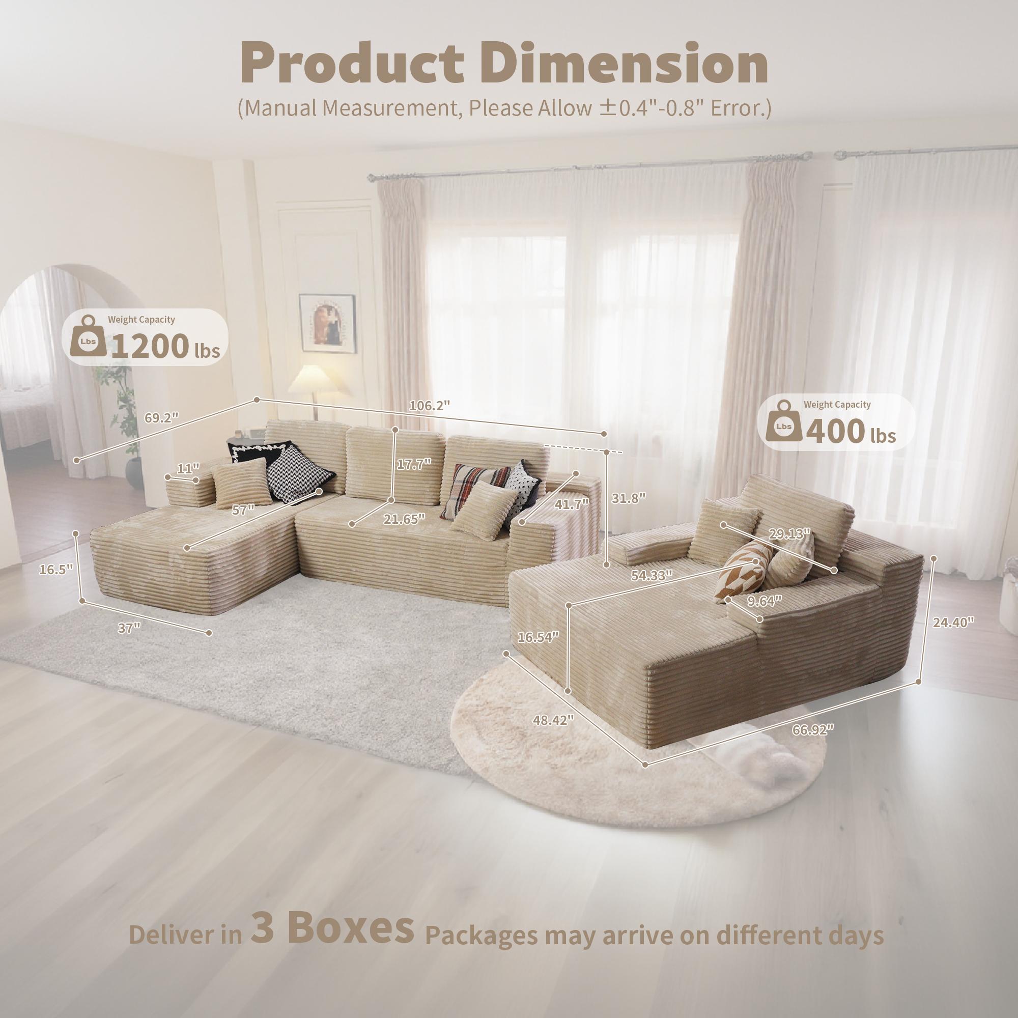 【3 Packages Shipping】Ovios 104" Modular Couch with Chaise and 49'' Boneless Chaise Lounge - L-Shaped Sectional Sofa Set with Flexible Configuration, Plush Corduroy Cloud Velvet Fabric,No Assembly Required, 5 Seater