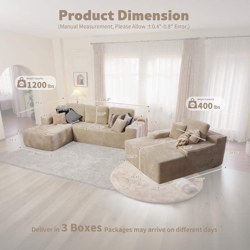 【3 Packages Shipping】Ovios 104" Modular Couch with Chaise and 49'' Boneless Chaise Lounge - L-Shaped Sectional Sofa Set with Flexible Configuration, Plush Corduroy Cloud Velvet Fabric,No Assembly Required, 5 Seater