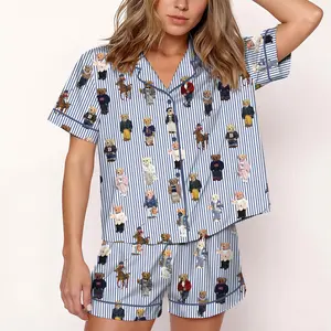 Pajamas Set for Women, Pajamas Bear Set for Women, Cute Bear Print Pajamas, Casual Long Sleeve Shirt & Elastic Pants, Soft Stretch Fabric, Comfortable