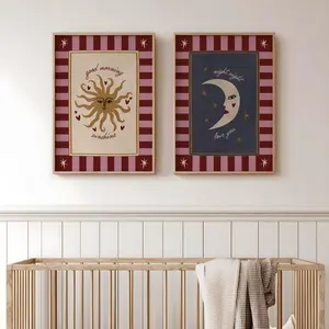 Vintage Sun & Moon Prints Set of 2: Above Bed Art for Bedroom, Burgundy Wall Art, Cool Nursery Wall Art, Modern Art for Kid's