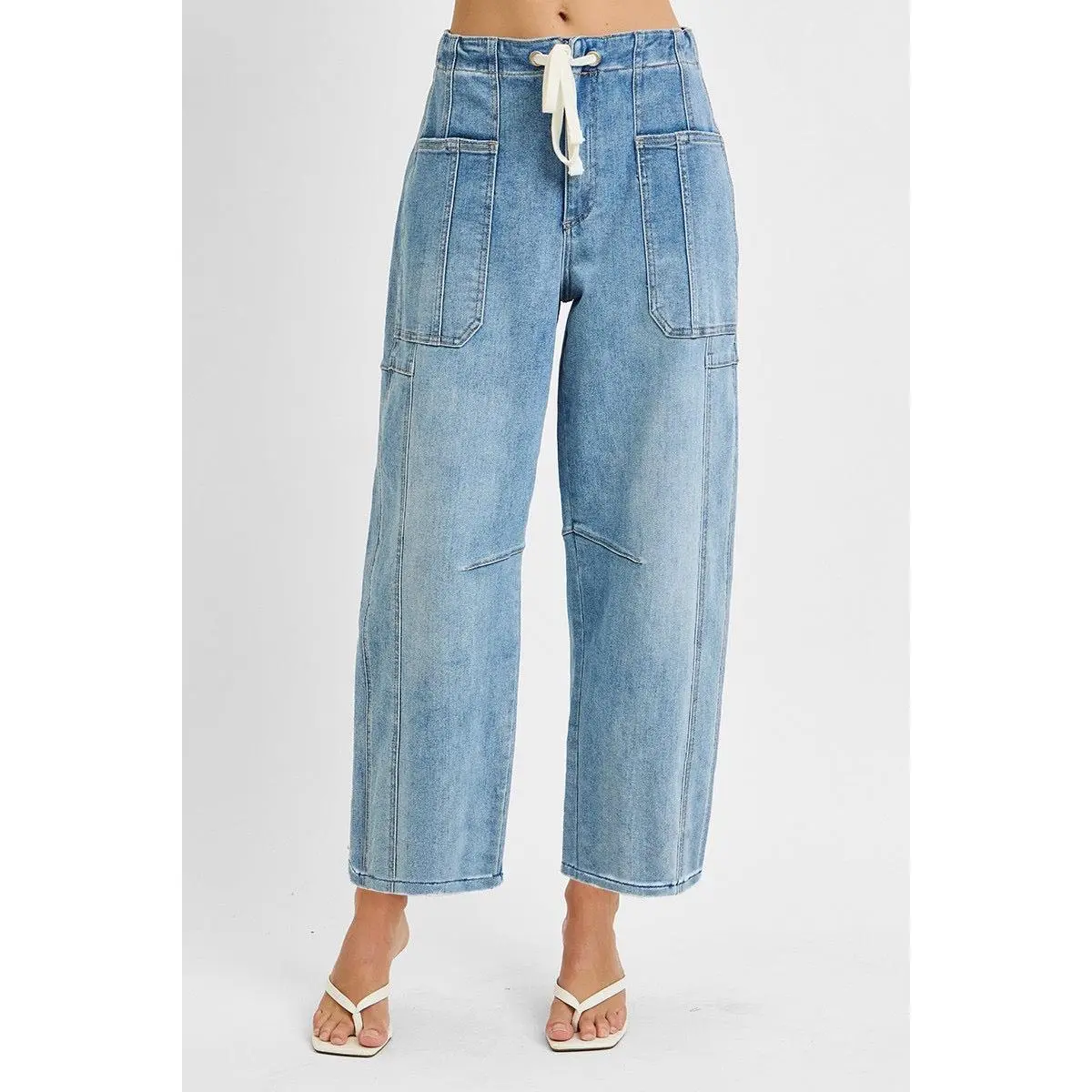 Women's Callie High-Rise Crop Barrel Cargo Jeans, Streetwear Style, Cotton-Spandex Fabric, Functional Pocket, Cuff Can Be Released Women's Bottom Clothes