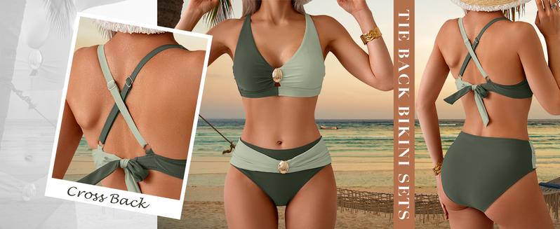 Eomenie Bikini Sets for Women Color Block Two Piece Bathing Suit V Neck Tie Back Swimsuit