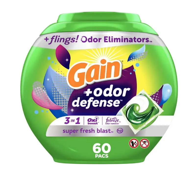 Gain Flings Laundry Detergent Pacs with Odor Defense, Super Fresh Blast Scent, 60 Count