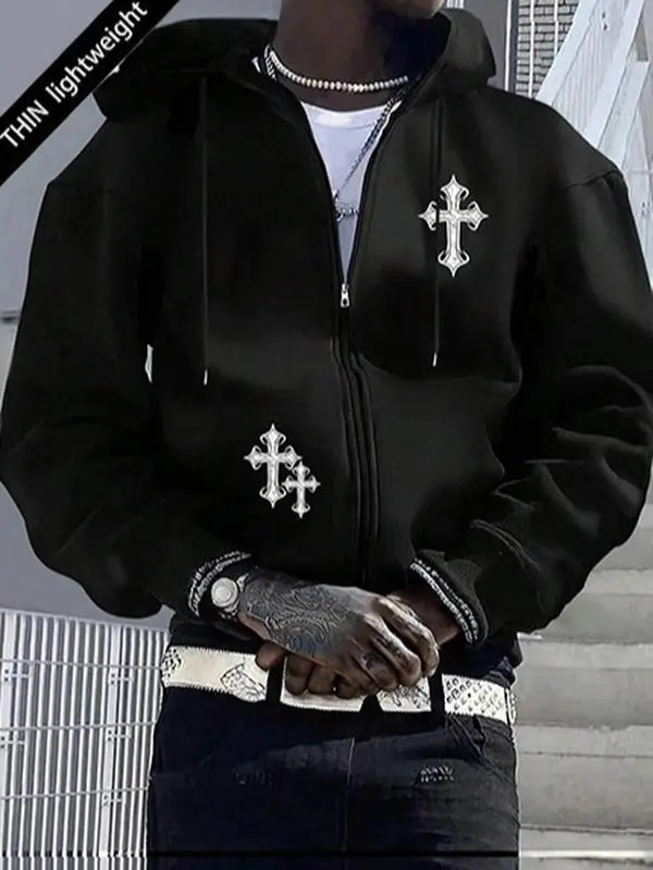 Autumn and Winter Men's Full-Zip Long Sleeve Hoodie Sports Jacket with Personalized Print Pattern Zipper Pockets Regular Fit Windproof Warm Jacket Suitable for Travel Camping Outdoor Activities Casual Sweatshirts