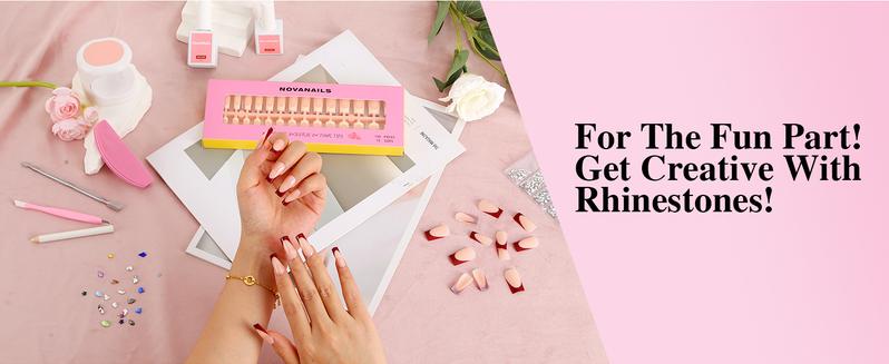 NOVANAILS French Tip Press On Kit 150Pcs Medium Square Skin Tones Gel Nail Tips Starter Kit for Gift and Nail Art DIY,Decorations Rhinestone Art Glue with Brushes Nude Acrylic Powder