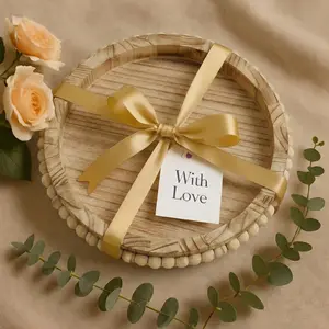 Farmhouse Wood Lazy Susan Organizer | 360 Rotating Beaded Tray for Cabinet Counter Spice Rack