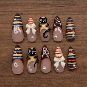 Handmade 3D Cat Press on Nails | Kawaii Coquette Bow Design | Long Almond Fake Nails | Reusable Glue on Nails