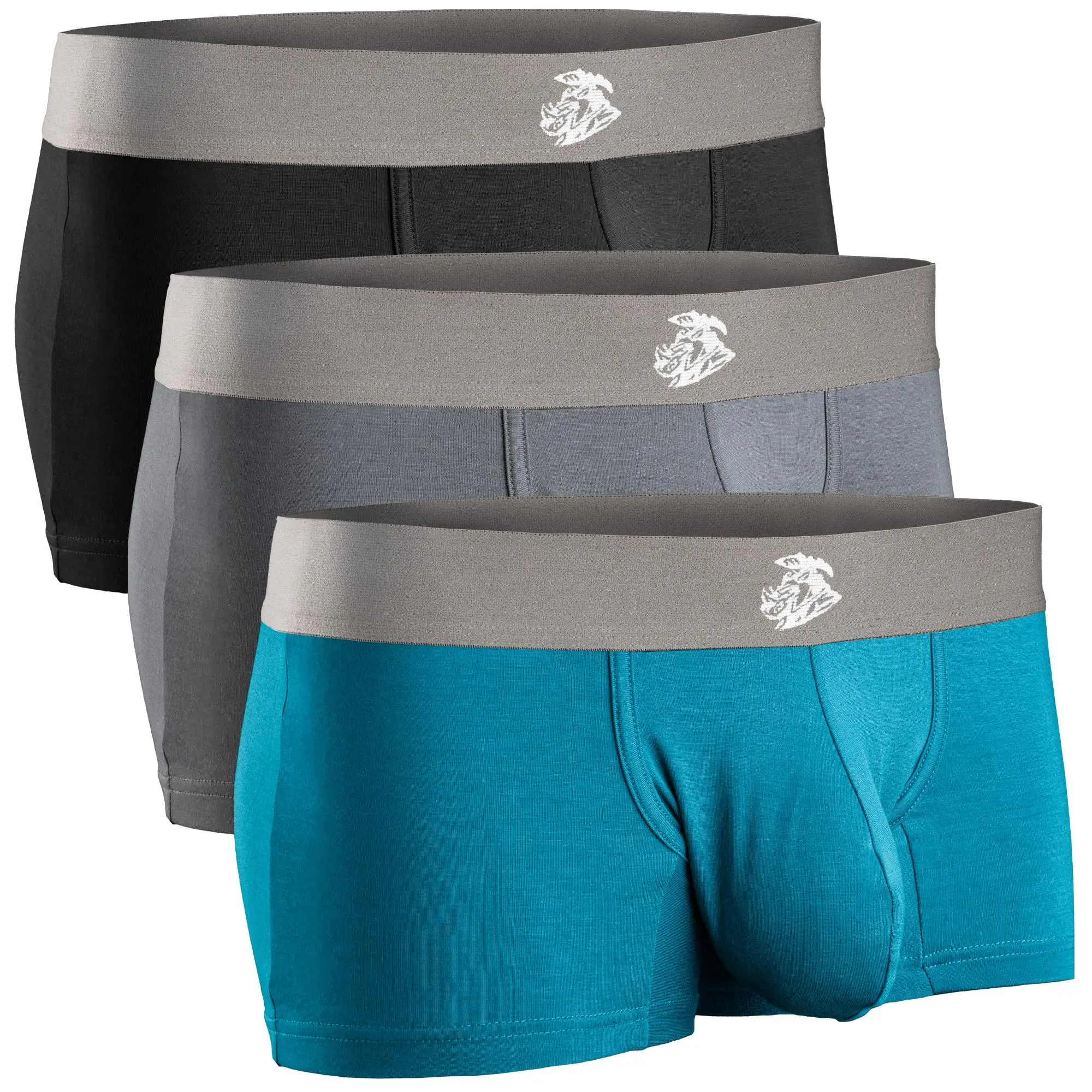 Real Men Boxer Brief Modal 3 Pk 3 Inch (Black Cyan Grey) Jersey Menswear Underwear Set Stretchy Stretch Multicolor Plain Spandex, Elastic Boxer Briefs, Soft Stretch Briefs