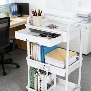 3-Tier & 4-Tier Office Rolling Utility Cart with Drawer - Multifunctional Storage Organizer with Plastic Shelf & Lockable Wheels for Kitchen, Bathroom, Office, Living Room