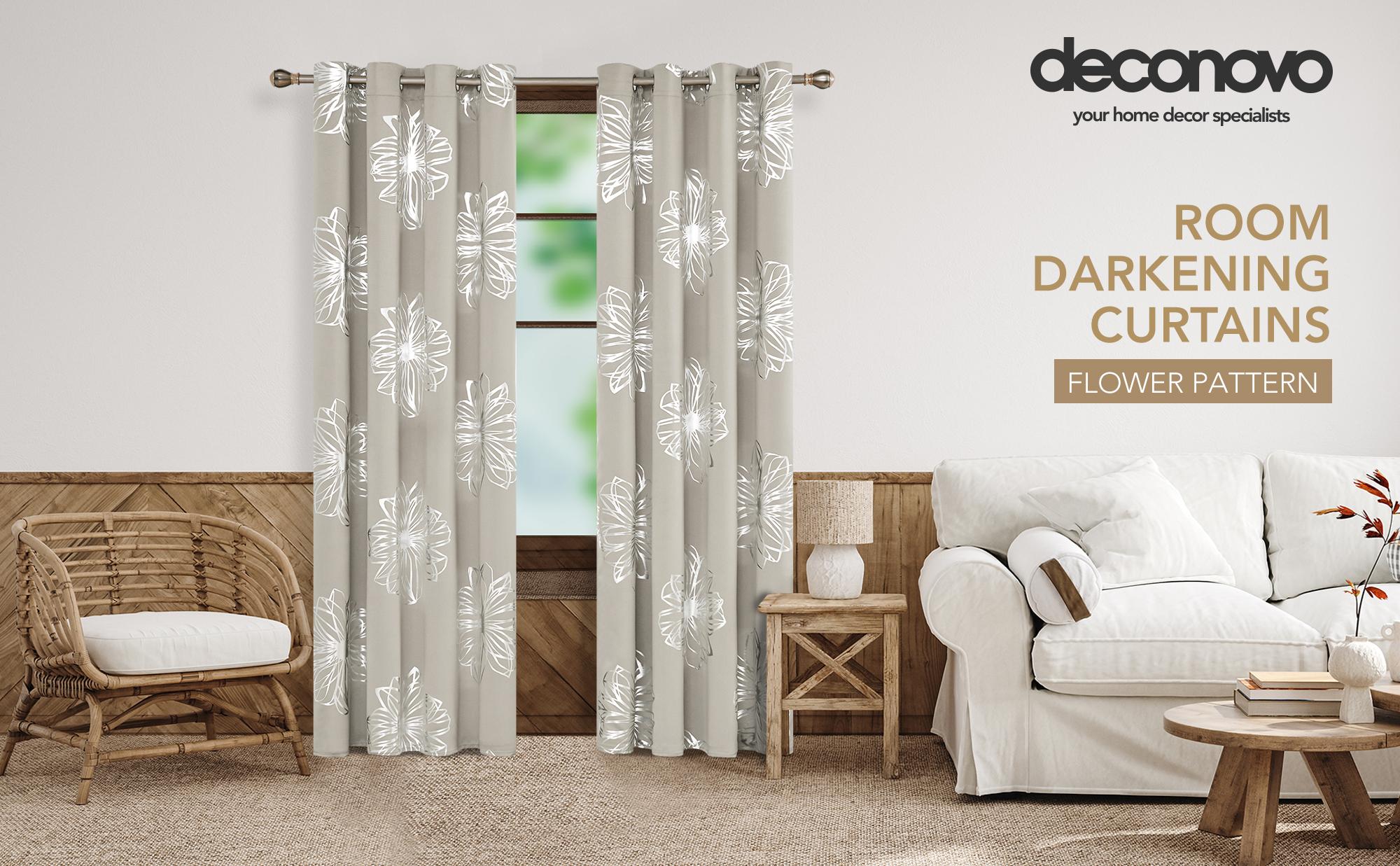 Deconovo Flower Foil Printed Blackout Curtains – 2 Panels, Thermal Insulated Room Darkening Curtains with Grommet Top for Bedroom