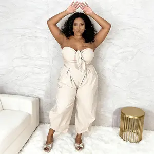 Halfword Casual Strapless Jumpsuit Women's Off Shoulder Tube Bow Knot Wide Pants Loose Smocked Waist Side Pockets Summer Style Fashion Lightweight Fabric Elegant Harem Beach Basic Black Fitted Sleeveless Minimalist Stitch Top Rompers Elegance