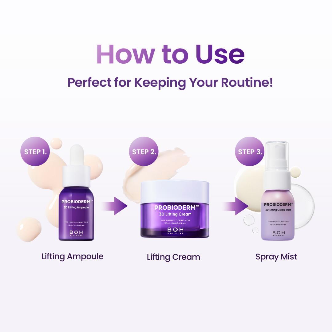 BIOHEAL BOH Probioderm 3D Lifting Travel Size Skin Care Kit | Korean Skincare Set for Firming & Hydration, with Ampoule, Face Moisturizer & Serum Spray | Mini Travel Essentials & Gift Set for Women Smooth Restore