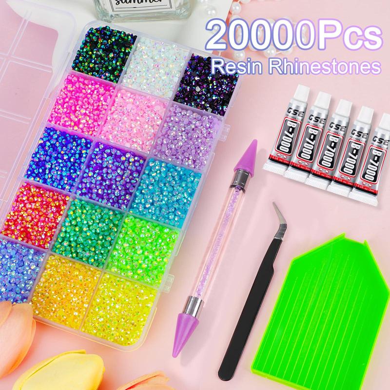 20000Pcs Resin Jelly Rhinestones for Bedazzling, Multicolor 3mm Flatback Rainbow Gems, Bedazzling Crystal with 5Pcs 2.5g Jewelry Glue, Rhinestone Picker for DIY Crafting Clothes Shoes Nail Art