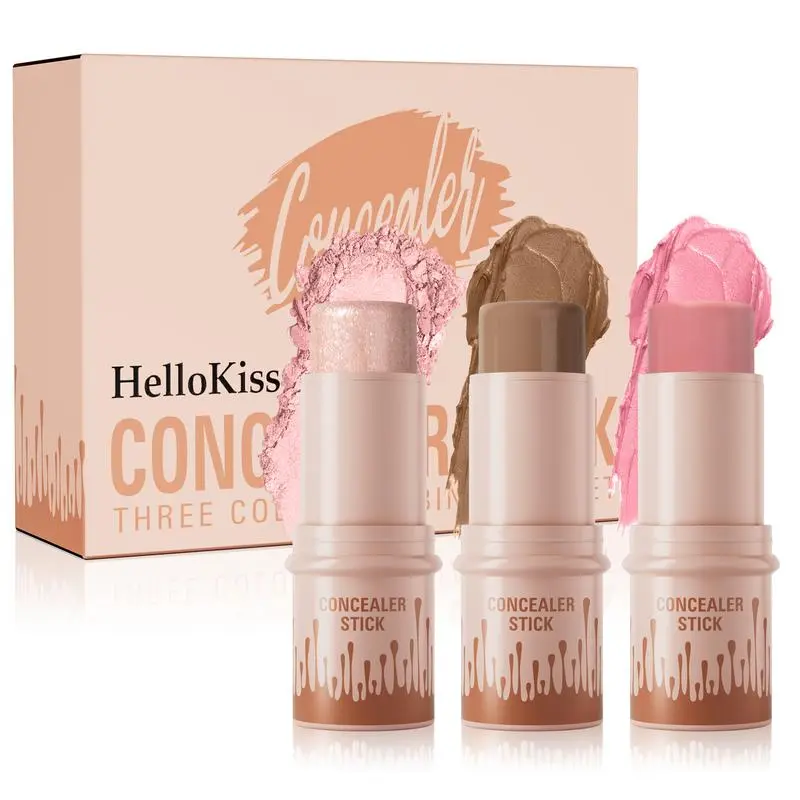Flawless 3-Piece Multi-Pack Makeup Stick Set - Stick Format Glassy Highlighter Balm, Blush, Contour Balm, Bronzer, Concealer, 24-Month Long-Lasting Waterproof Lightweight, Mess-Free for All Skin Types (Shades 02,08,10), Enhancing Bronzer