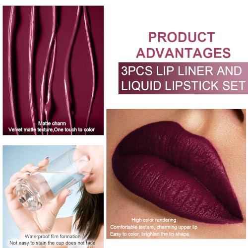 evpct 3Pcs Dark Red Purple Plum Matte Lipstick and Lip Liner Set for Women Matte Burgundy Lip Tint Stain Long Lasting Waterproof, Black Cherry Blood Red Mauve Brown Gothic Goth Lipsticks Makeup