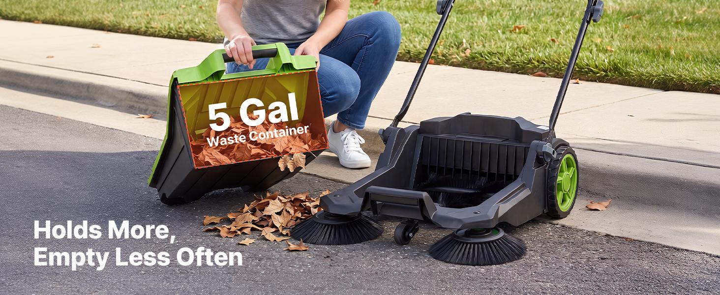 VEVOR Walk-Behind Hand Push Floor Sweeper, Manual Floor Sweeper Non-Electric with 25.6" Sweeping Width, 5 Gallons Waste Container & Adjustable Folding Handle for Yards Walkways Patios Garages - Green