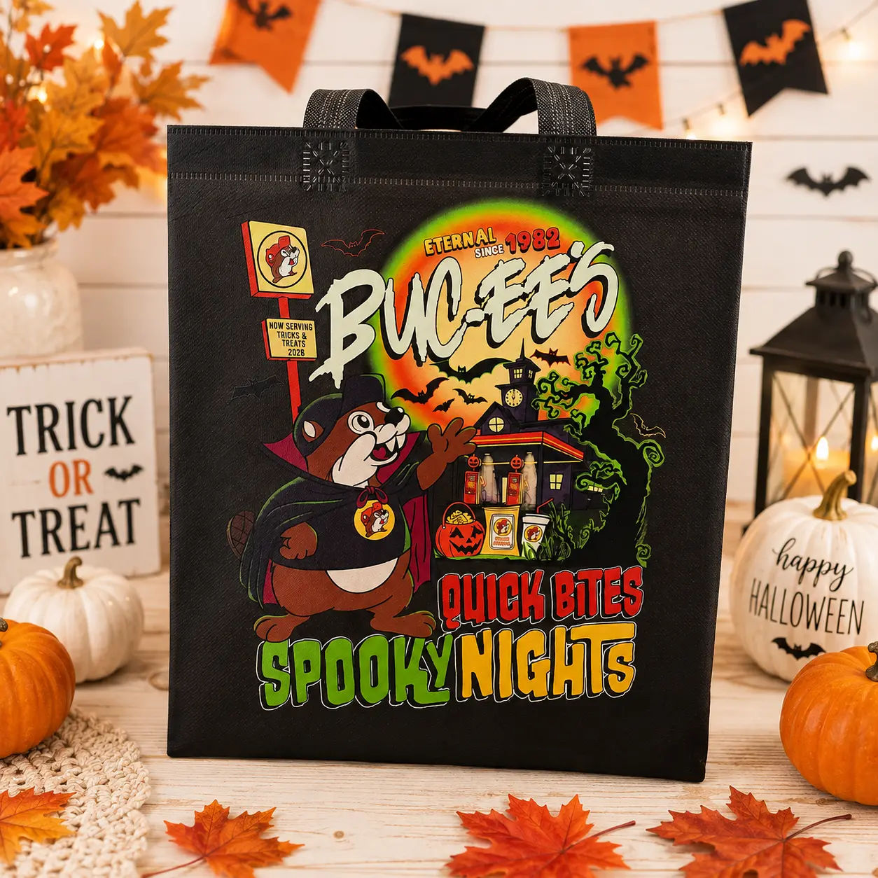 Buc-ee’s "Quick Bites & Spooky Nights" Trick-or-Treat Mini Tote Bag, Festive Party Bag for Halloween Gifting & Treat Storage