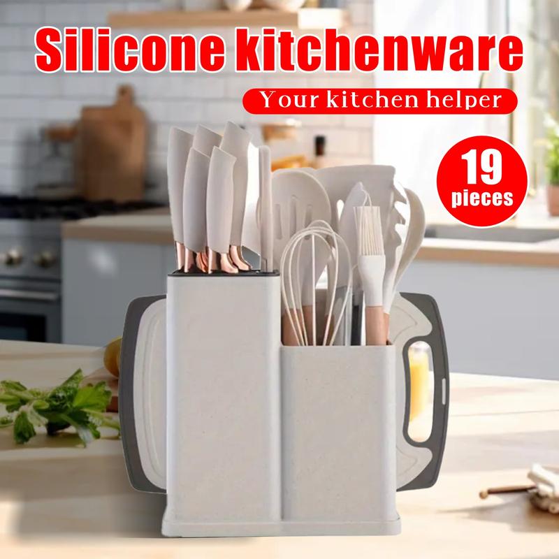 Black friday sales 2025 pots pans set 19 Piece Kitchen SetCutleryCooking Utensils, HeatResistant Silicone Cutlery 6Piece Sharp Knife Set2 Piece Cutlery Cutting BoardWoodCookware Rectangular Round Stove WoodenPlasticWhite Kitchenware