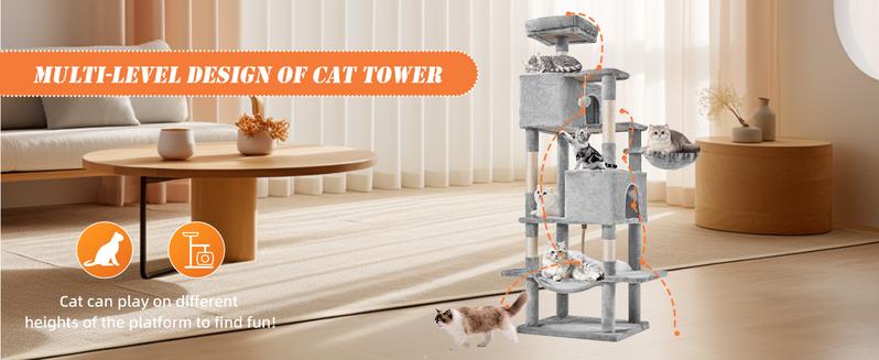 Cat Climbing Shelf, Hanging Basket & Hammock, Pompoms, Stable Kitty Play House, Multi-Level Plush Cat Condo for Indoor Cat,  Durable, Space-Saving Design