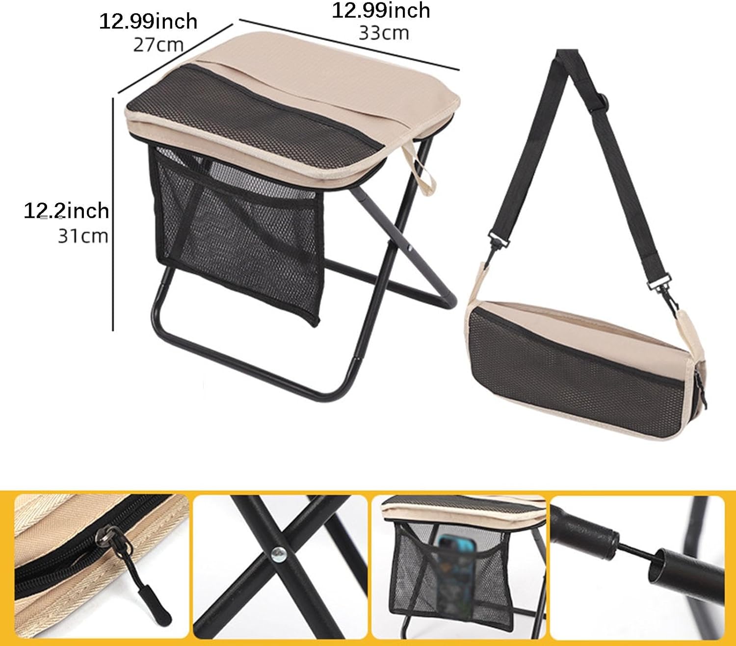 Foldable Backpack Stool, Fishing Seat, Foot Stool Footrest, Multi functional folding stool, Portable Camping Chair for Travel,Picnic, Khaki and Black Sturdy Outdoor Bench