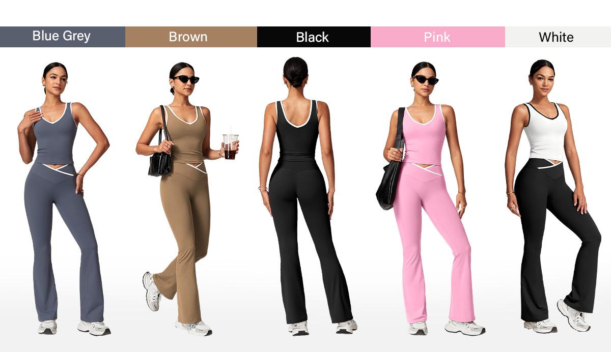 Yeoreo Contrast Trim Sports Set Crossed Waist Leggings Sports Set Women Workout Clothes Casual Comfy Breathable for Yoga Gym Workout Running