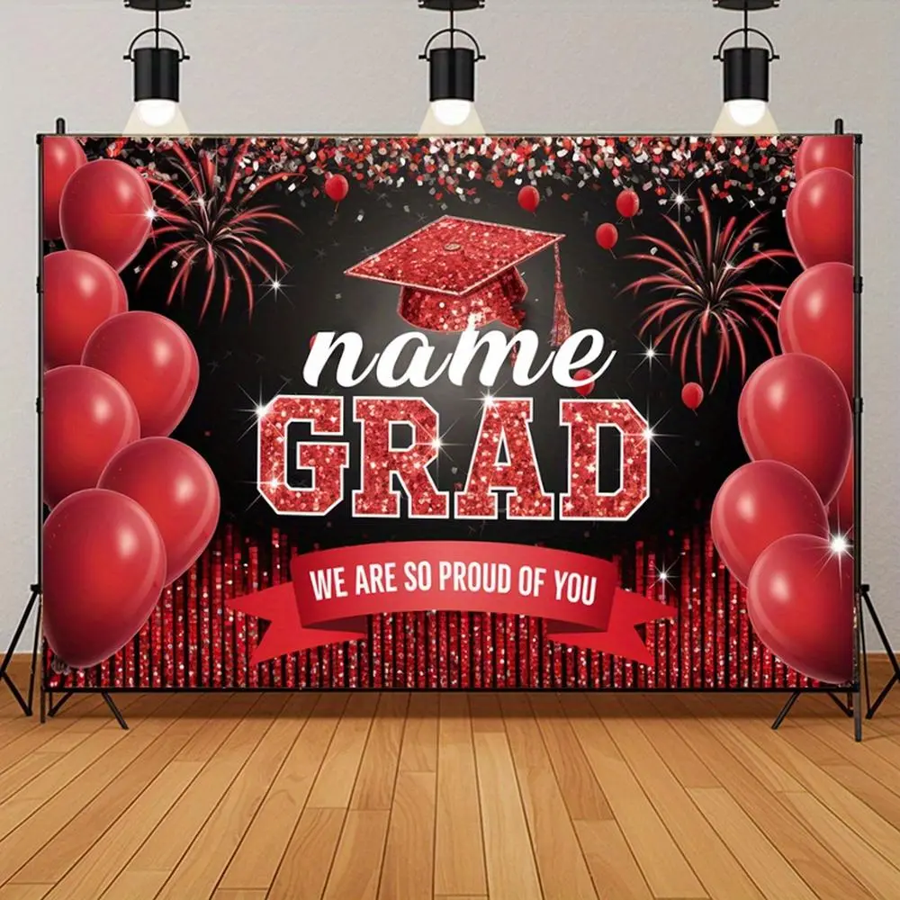 1PC,2D Flat Backdrop Custom Name Graduation Backdrop, Red Theme Grad Party Decor Background with Balloons Fireworks & Grad Cap, "We Are So Proud of You" Graduation Ceremony Photo Backdrop for Gr