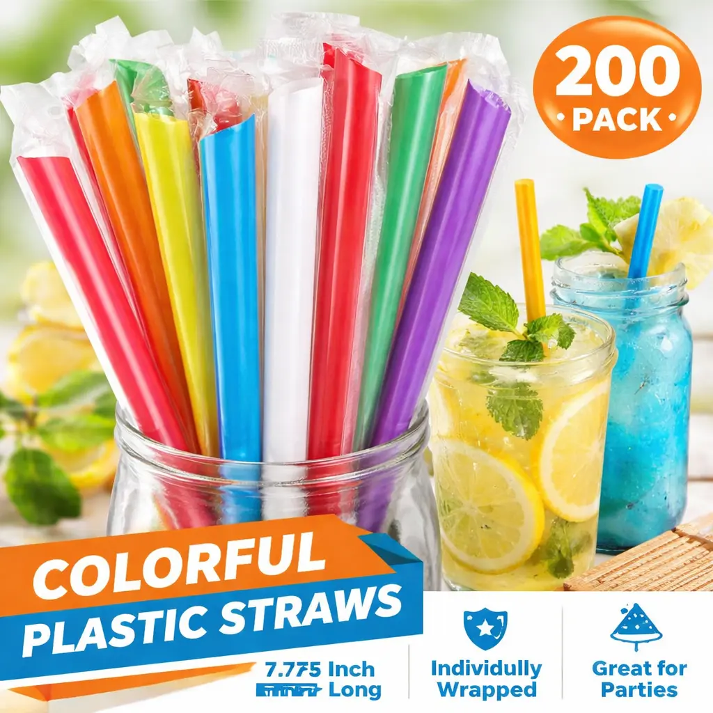 200pcs Individually Wrapped Flexible Jumbo Multicolor Wide Mouth Disposable Plastic Boba Straws - Bulk Kitchen Utensils, Bar Accessories for Bubble Tea, Milkshakes