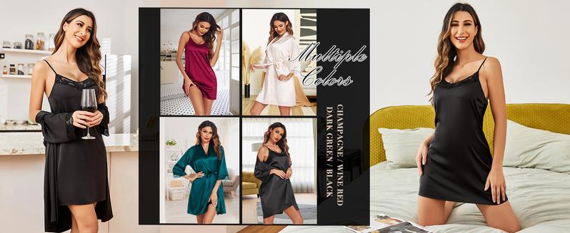 Ekouaer Women's Silk Robe Pajama Set 2-piece Sexy Lace Pajama Set, Silk Sexy Strap Skirt and Matching Rope Robe Pajama Set, s-XXL Comfort Satin