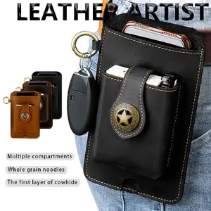 Men's Genuine Leather Waist Bag with Phone Pocket-Hands-Free One-Touch Access Golden-Tone Hardware & Belt Loop System, Secure Zipper Closure Scratch-Resistant Design for Outdoor Gym Work Everyday Carry Casual Waist Bag Travel Essentials Phone Bag for Men