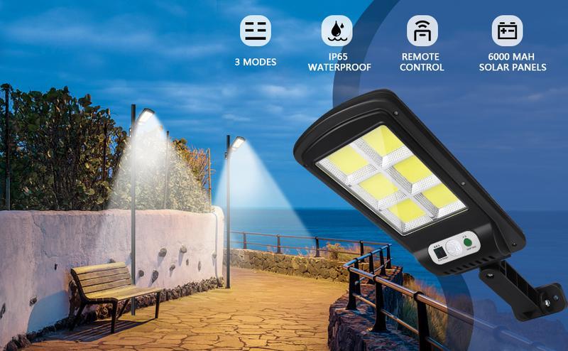 4 Sets Solar Powered LED Street Lights – Smart Remote & IP65 Motion Sensor – 3 Modes (Security/Dim/Highlight) for Pathways, Garages, Backyards & Front Yards – Heavy-Duty Waterproof Lighting Solution for Home & Outdoor Areas