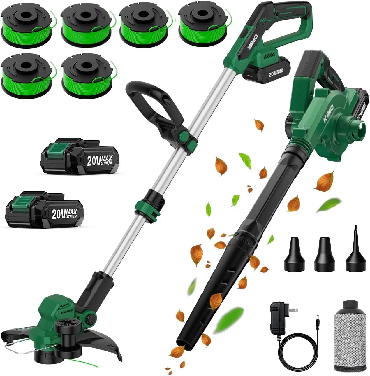 KIMO 20V Brushless Cordless Yard Combo Kit - 12-in 2-in-1 String Trimmer & Edger (2000 RPM, 10-Pack Trimmer Lines), 260 CFM 190 MPH Leaf Blower (3 Nozzles), 2x2.0Ah Batteries & Charger for Lawn Care