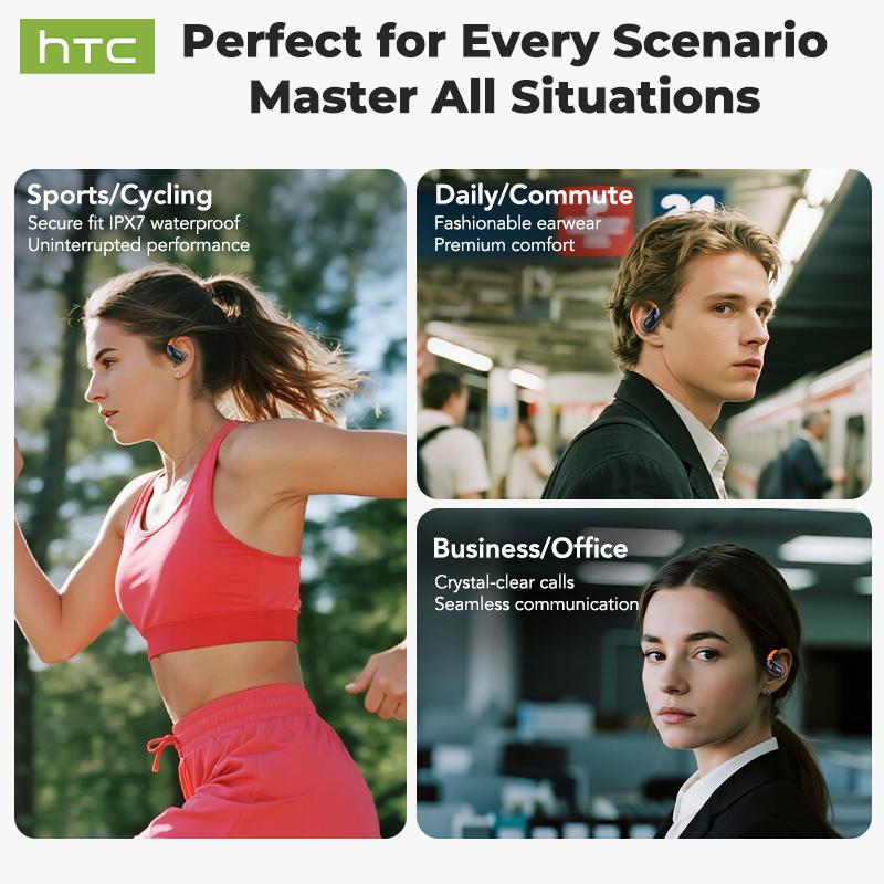 HTC Open-Ear True Wireless Bluetooth Headphones with Microphone LED Smart Controls Earbuds with Earhooks Sweat Resistant Wireless Earphones 48HRS Playtime Headsets Compatible with all Phone Glow Light Strip for Safer Night Running