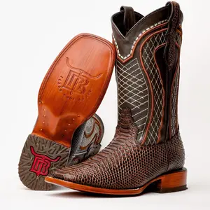 Chocolate Brown Python Leather Boots -Square Toe