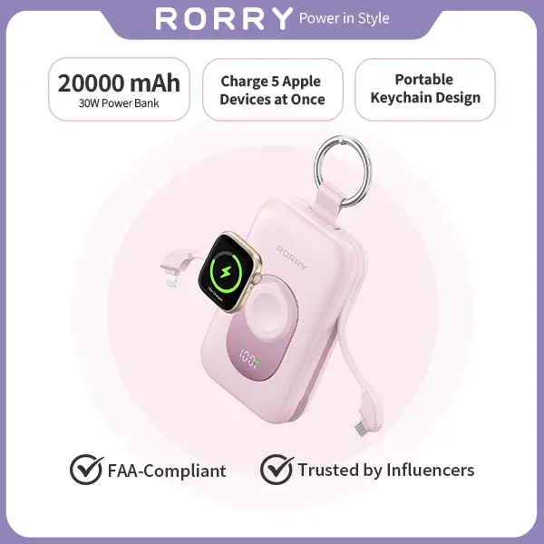 RORRY CharmGo 20000mAh Portable Power Bank with Built-in Cables & Keychain – 30W PD Fast Charging for iPhone Apple Watch & Android   Giftideas backtoschool
