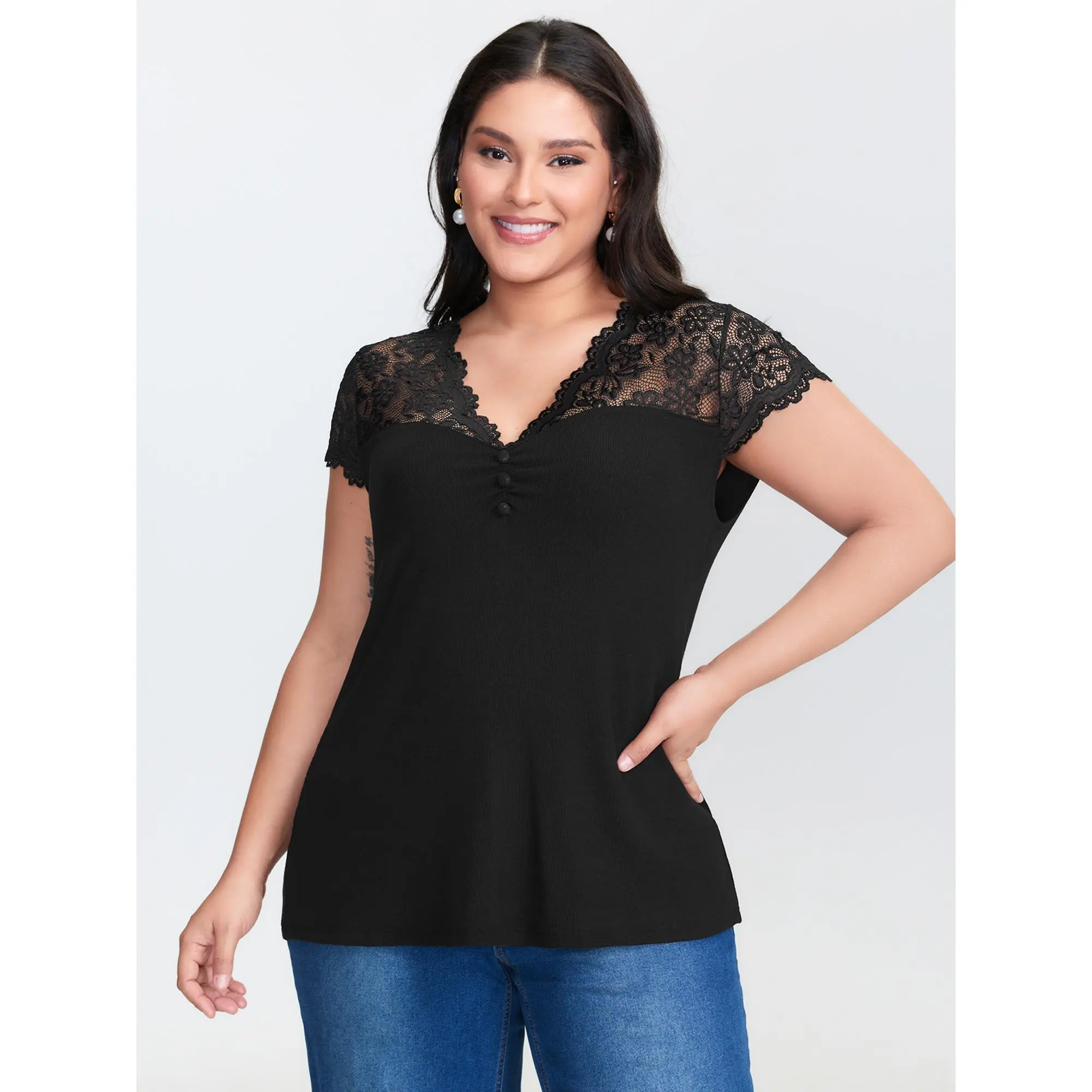 BloomChic Women's Plus Size T-Shirt, Shirts for Women's Clothes, M-6X Size with Sheer Lace Neckline, Shirred Spandex Fabric, Short Sleeve 2026 Summer Top Swimweek, Plus Size Fashion