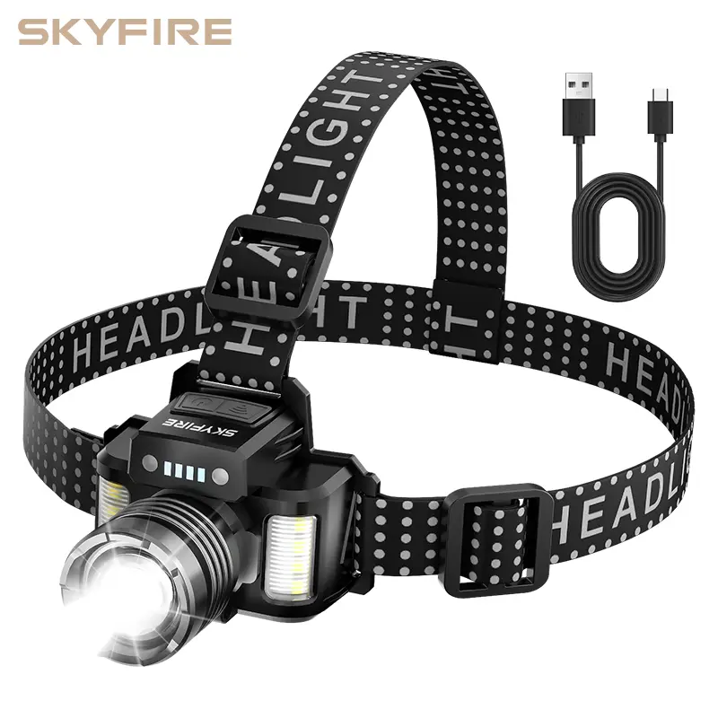 SKYFIRE 546 Rechargeable Super Bright Headlamp, 8 Lighting Modes, 3 Color Lights, Zoomable with Main & Auxiliary Lights, 90° Adjustable, Waterproof Motion Sensor Head Light for Outdoor Lighting, Exploring, Running, Hiking, Fishing