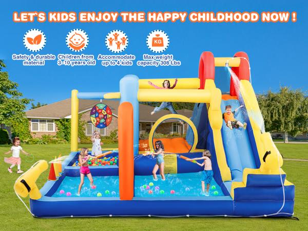 Inflatable Water Slide & Water Park Bounce House with Slide Bouncer Castle Playhouse Splash Pool Climbing Wall Trampoline Felt Ball Target Ring Toss Game for Kids Outdoor Fun 550W Air Blower