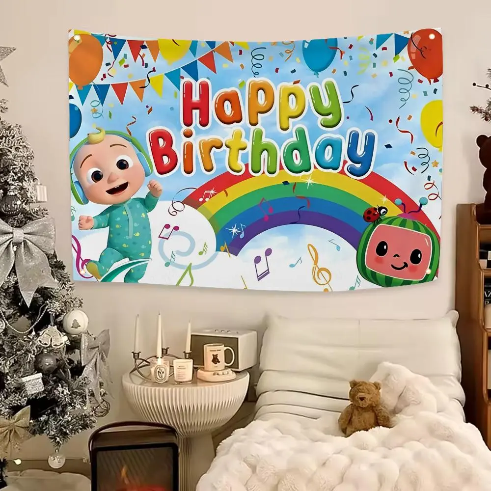 Kawaii Cocomelon Cartoon Baby Banner Decoration, Ultra-Soft Skin-Friendly HD Print Tapestry, Machine-Washable Fade-Resistant Lightweight Durable 1-Piece Hank for Indoor-Outdoor Home Garden Decor bedroom decor tapestry