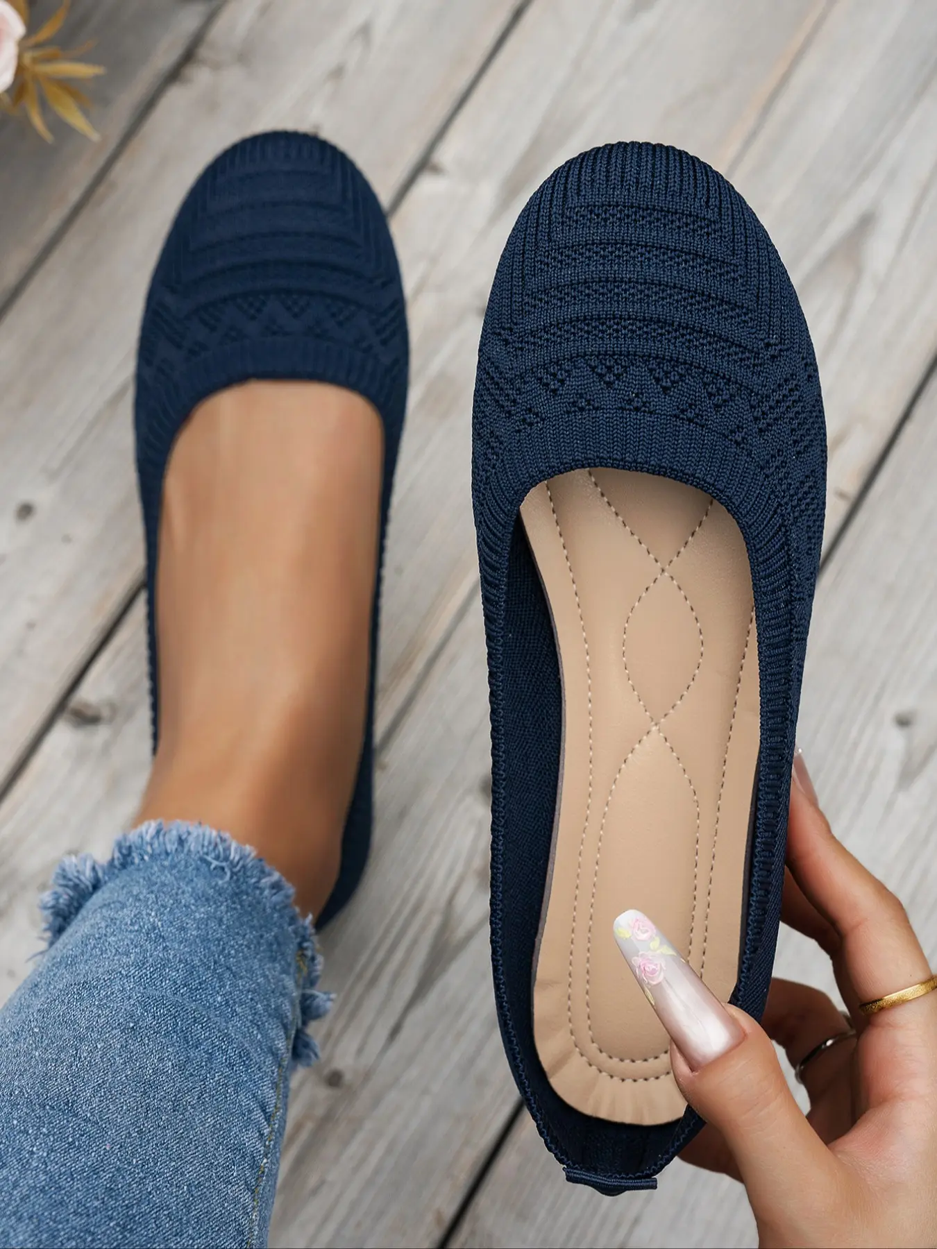Fashionable Comfortable Low-Top Single Shoes, Round Toe Knit Shoes, Elegant Walking Shoes for All Seasons, Textile Upper, Flat, Breathable Durable Shoes, Casual Flat Shoes, Breathable Slip Ons, Breathable Knit Flats